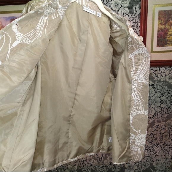 Susan Graver beige white abstract flower loose fit jacket lined shoulder pads - Picture 3 of 6